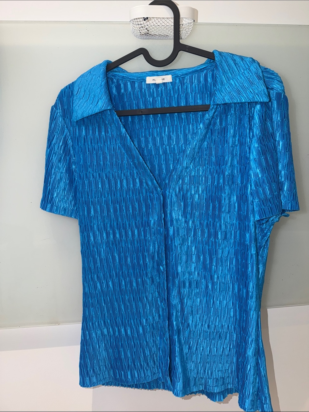 Pleione Bright Blue Textured Short-Sleeve Button-Down Top